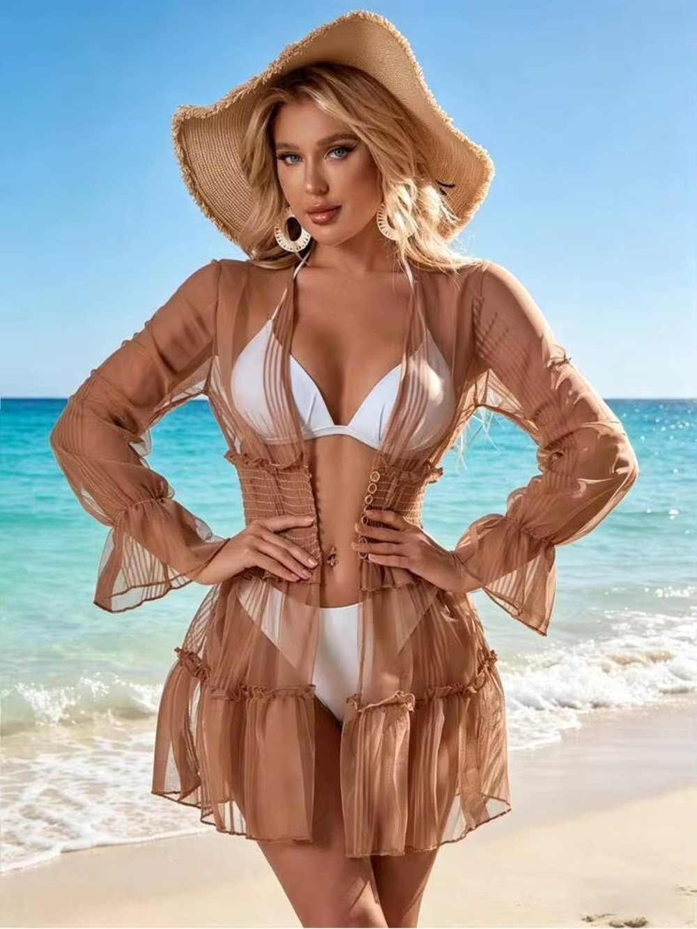SHEIN Sheer Tiered Beach Cover-Up in Brown